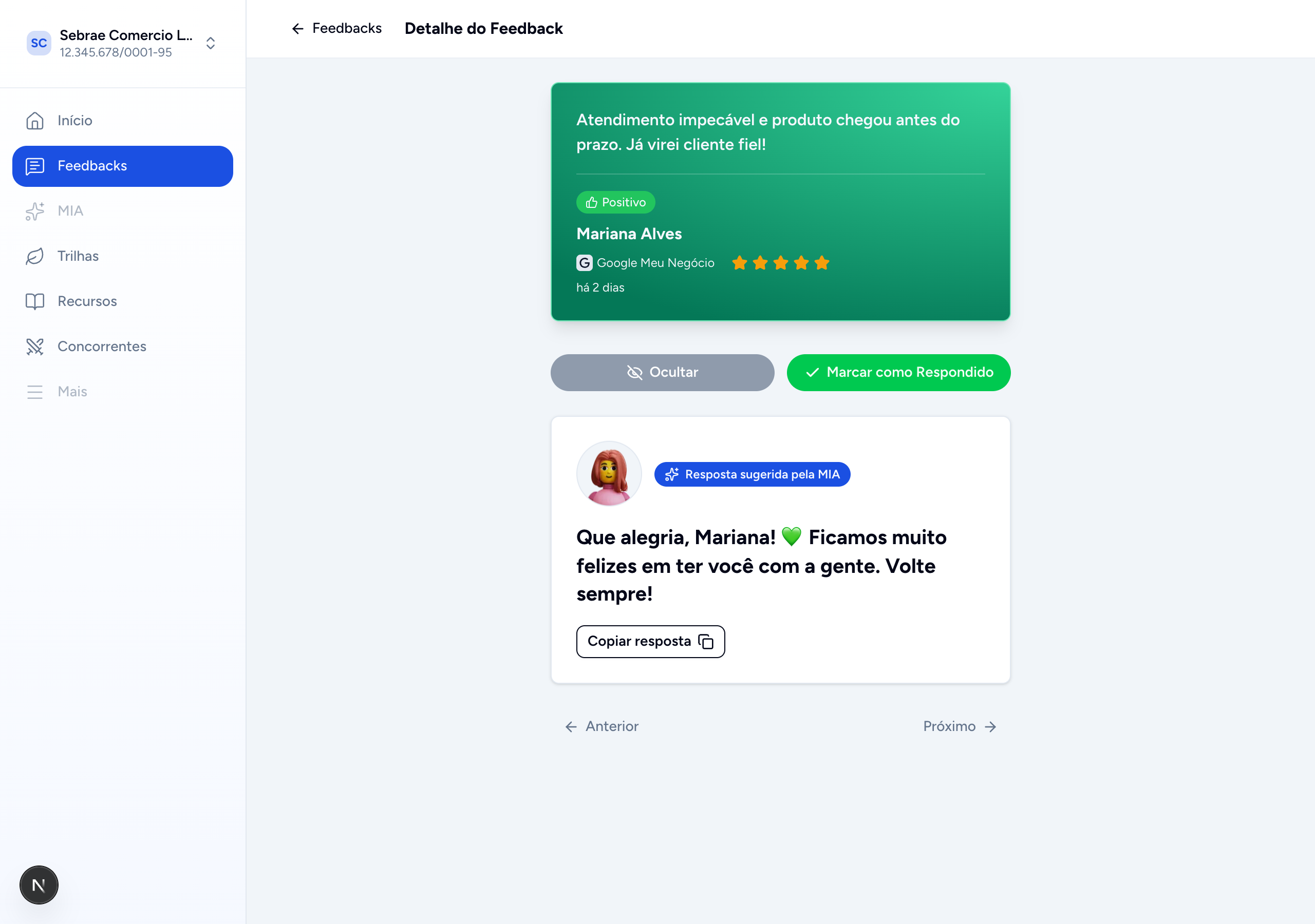 Detalhe do Feedback
